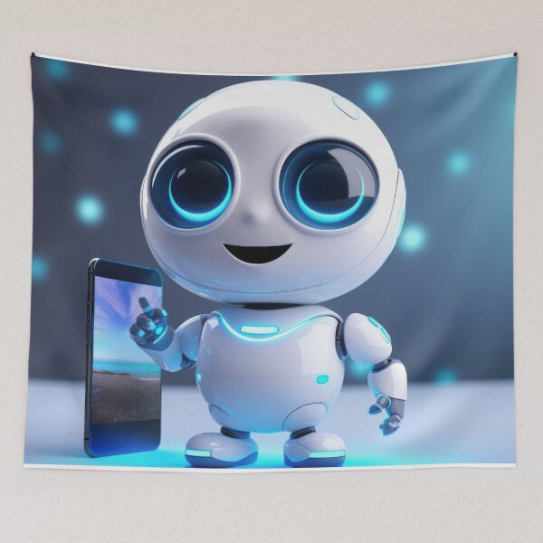 Item preview, Cute robot holding smartphone with glowing blue lights, AI generated designed and sold by dvoevnore.