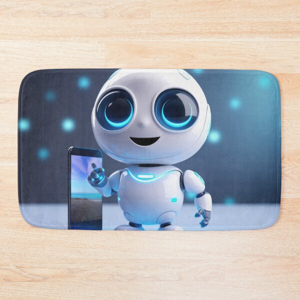 Item preview, Cute robot holding smartphone with glowing blue lights, AI generated designed and sold by dvoevnore.