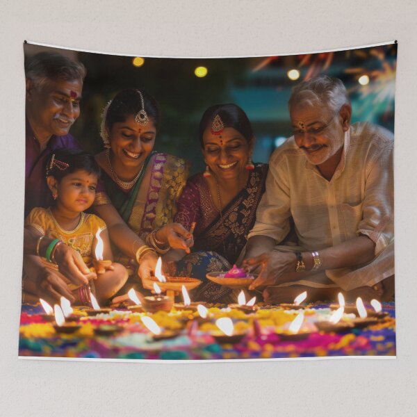 Item preview, Family celebrating Diwali with fireworks and rangoli background, AI Generated designed and sold by dvoevnore.