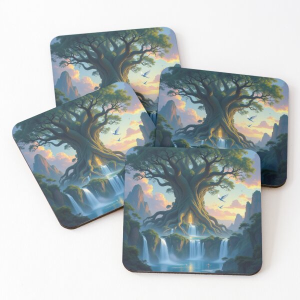 Item preview, A majestic elven city built within colossal, ancient trees – glowing waterfalls & twilight magic designed and sold by FotoworldEdel.