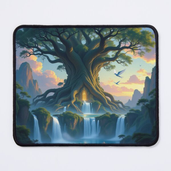 Item preview, A majestic elven city built within colossal, ancient trees – glowing waterfalls & twilight magic designed and sold by FotoworldEdel.