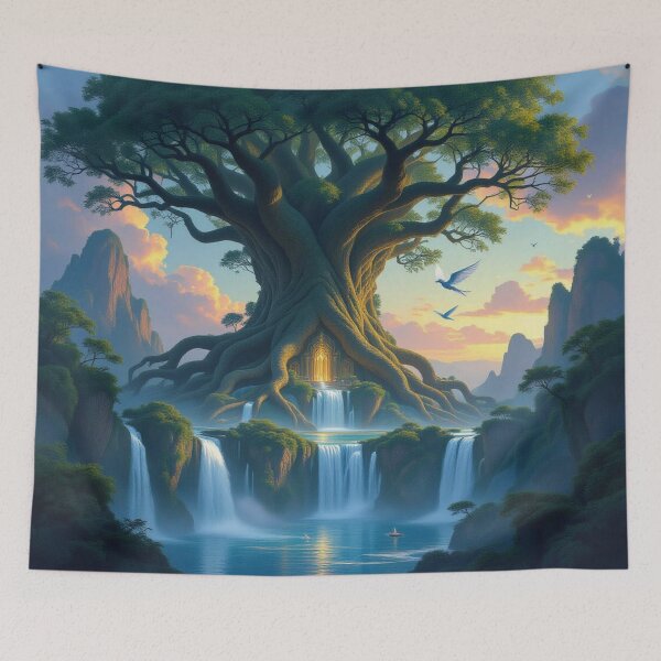 Item preview, A majestic elven city built within colossal, ancient trees – glowing waterfalls & twilight magic designed and sold by FotoworldEdel.