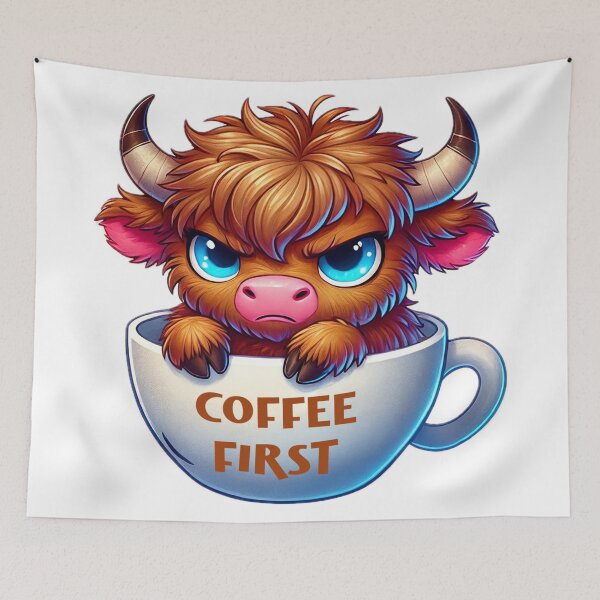 Item preview, Angry Highland Cow in Coffee First Cup – Cute Kawaii Coffee Art designed and sold by Lulunza.