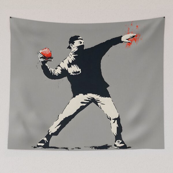 Item preview, Street Art Sandwich Guy – Viral Graffiti Burger Throwing Print for Top-Selling Wall Decor designed and sold by AbstractAuraArt.