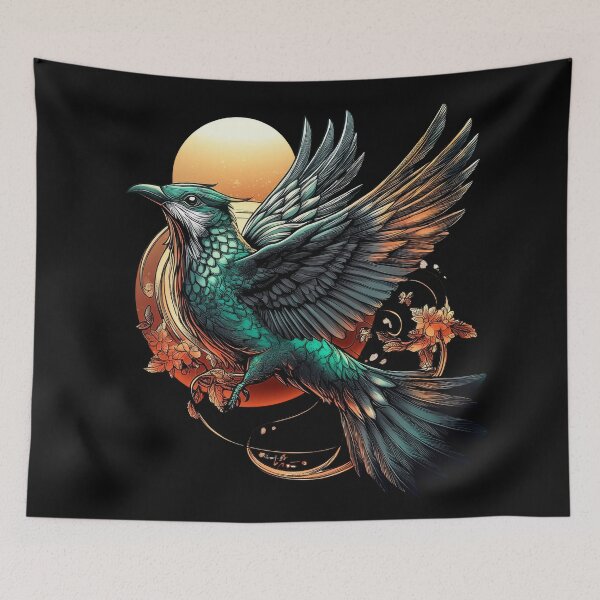 Item preview, Celestial Emerald Bird with Sunset and Floral Accents designed and sold by Daagath.
