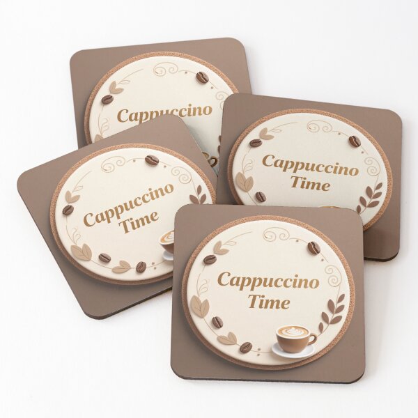 Item preview, Cappuccino time circular coffee label with latte cup, roasted beans, soft leaves and elegant swirls designed and sold by Mimoshi ⭐⭐⭐⭐⭐.