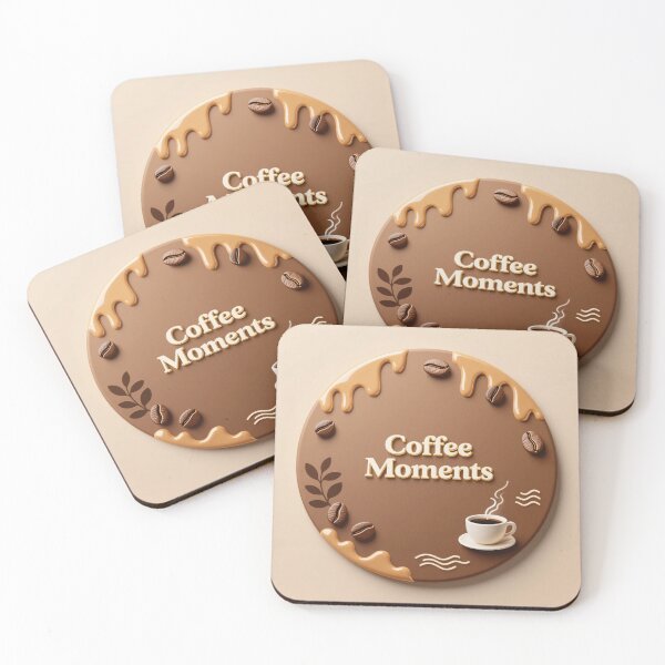 Item preview, Coffee moments emblem with latte cup roasted beans caramel drips and elegant decorative café elements designed and sold by Mimoshi ⭐⭐⭐⭐⭐.