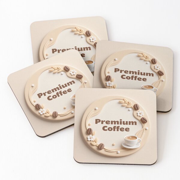 Item preview, Premium coffee emblem with latte cup floral accents roasted beans soft beige decorative circular label designed and sold by Mimoshi ⭐⭐⭐⭐⭐.