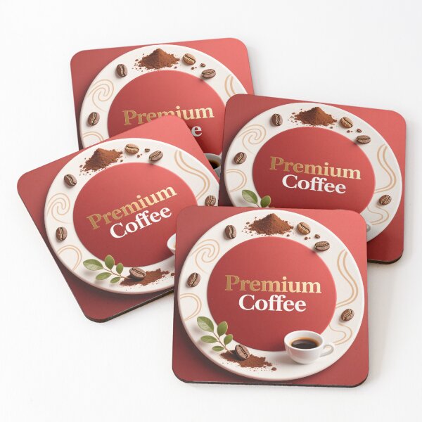 Item preview, Premium coffee emblem with espresso cup cocoa powder beans and decorative leaves on red background designed and sold by Mimoshi ⭐⭐⭐⭐⭐.