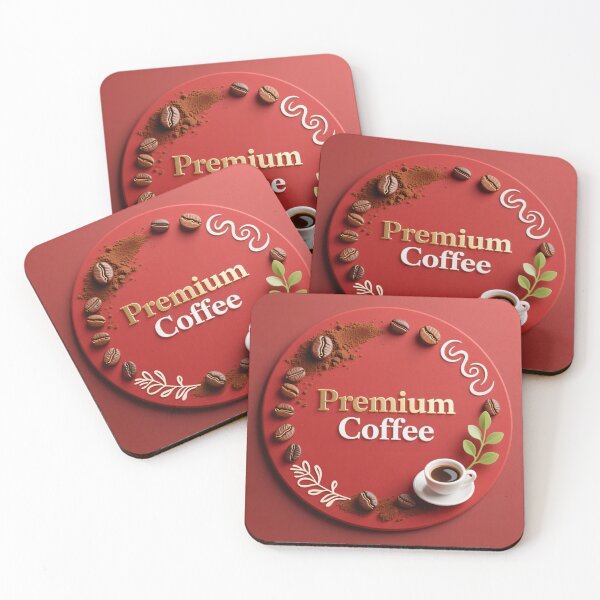 Item preview, Premium coffee emblem with beans ground powder cup and decorative leaves on elegant red background designed and sold by Mimoshi ⭐⭐⭐⭐⭐.