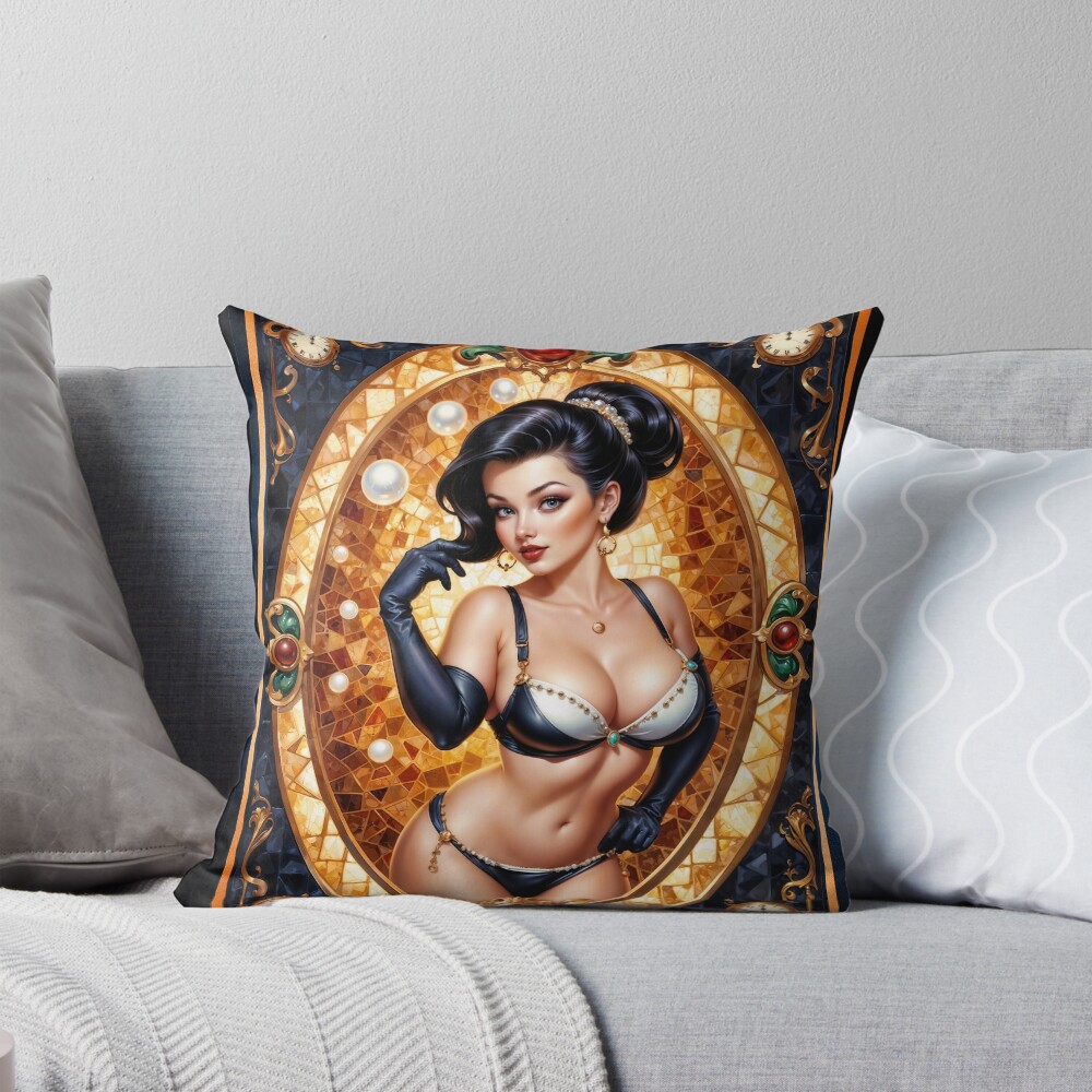 Festive Holiday Art Deco Portrait Of Trynia Styvelnis Stunning AI Concept Art by Xzendor7 Decorative Art Print Throw Pillow