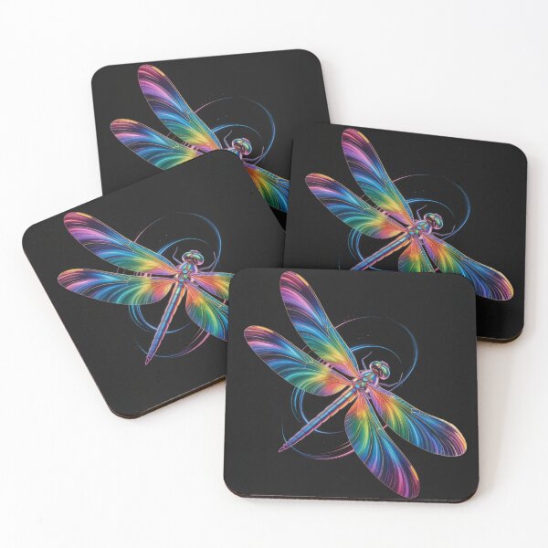 Item preview, Rainbow dragonfly in orbit of light – luminous art on black designed and sold by FusiTink.