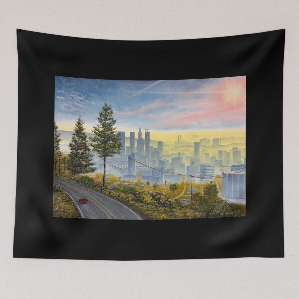 Item preview, Sunrise Over a Fictional West Coast City – Cinematic Urban Landscape Art designed and sold by Jessie Mason.