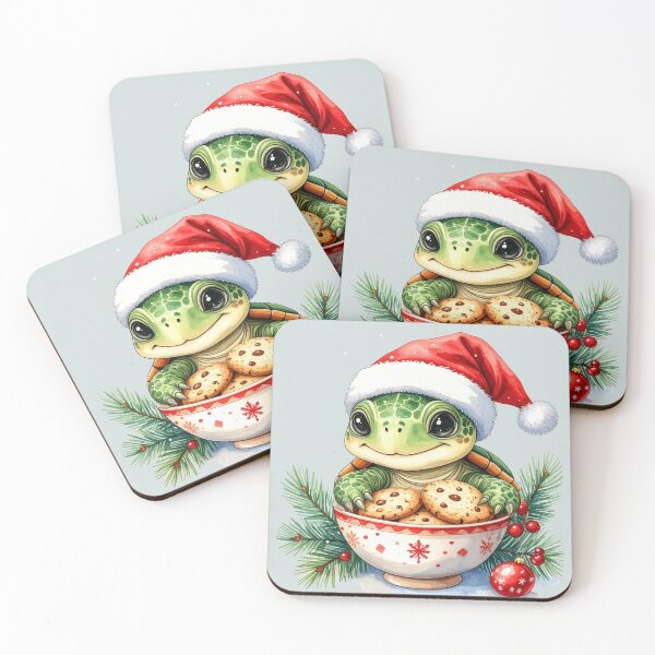 Item preview, Cheerful turtle wearing a Christmas hat and holding a bowl of cookies designed and sold by LiskoDesign.