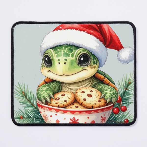 Item preview, Cheerful turtle wearing a Christmas hat and holding a bowl of cookies designed and sold by LiskoDesign.