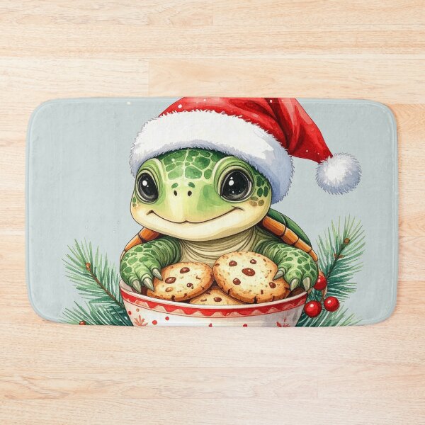 Item preview, Cheerful turtle wearing a Christmas hat and holding a bowl of cookies designed and sold by LiskoDesign.