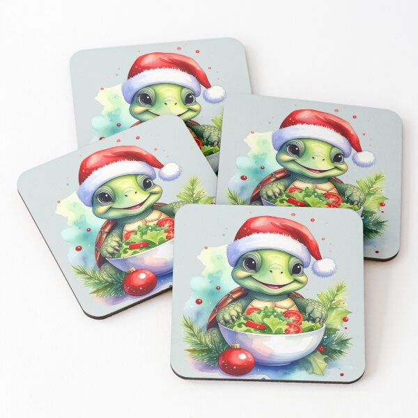 Item preview, Cheerful turtle wearing a Christmas hat and holding a bowl of salad, vegan Christmas designed and sold by LiskoDesign.