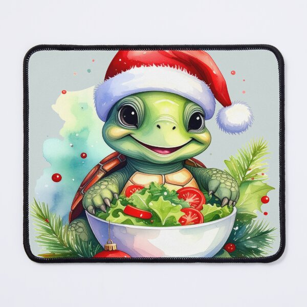 Item preview, Cheerful turtle wearing a Christmas hat and holding a bowl of salad, vegan Christmas designed and sold by LiskoDesign.