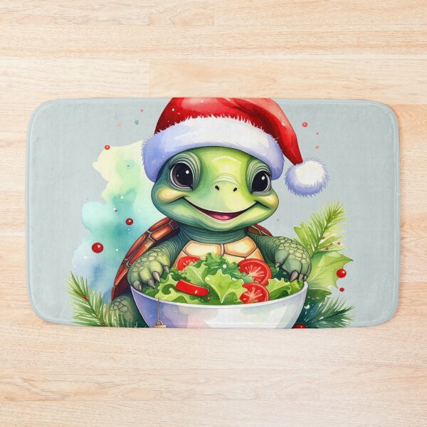 Item preview, Cheerful turtle wearing a Christmas hat and holding a bowl of salad, vegan Christmas designed and sold by LiskoDesign.