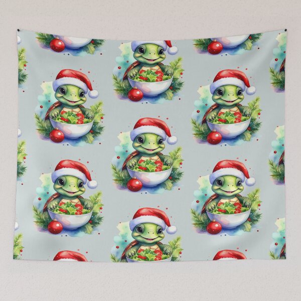 Item preview, Cheerful turtle wearing a Christmas hat and holding a bowl of salad, vegan Christmas designed and sold by LiskoDesign.