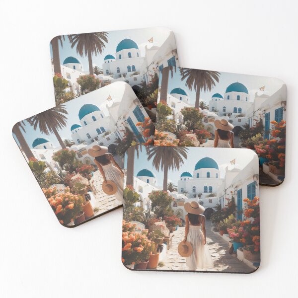 Item preview, A woman in a white dress and wide-brimmed hat strolls through a sunlit, flower-filled alley with white buildings and blue domes in the background designed and sold by homydesign.