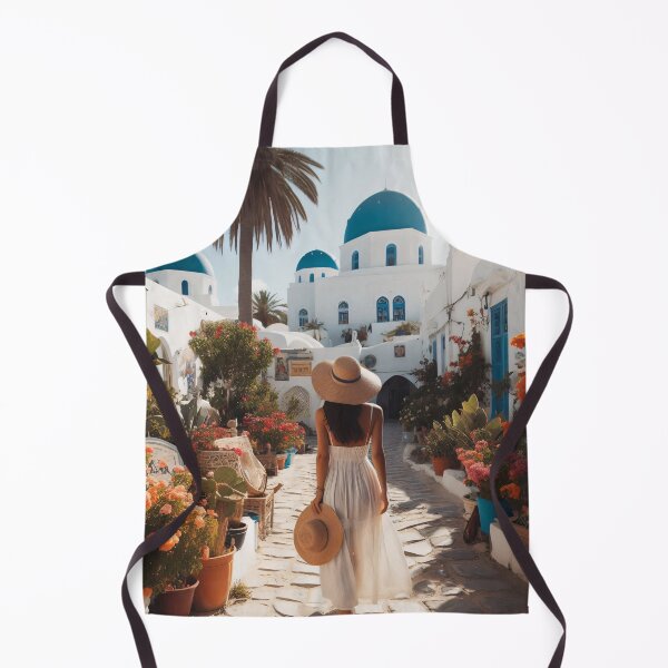 Item preview, A woman in a white dress and wide-brimmed hat strolls through a sunlit, flower-filled alley with white buildings and blue domes in the background designed and sold by homydesign.