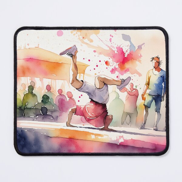 Item preview, A dancer performs a handstand in a vibrant, colorful street scene, surrounded by onlookers. The watercolor style adds an artistic touch designed and sold by homydesign.