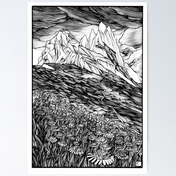 Item preview, Mountain Landscape Ink Drawing designed and sold by VesperyThings.