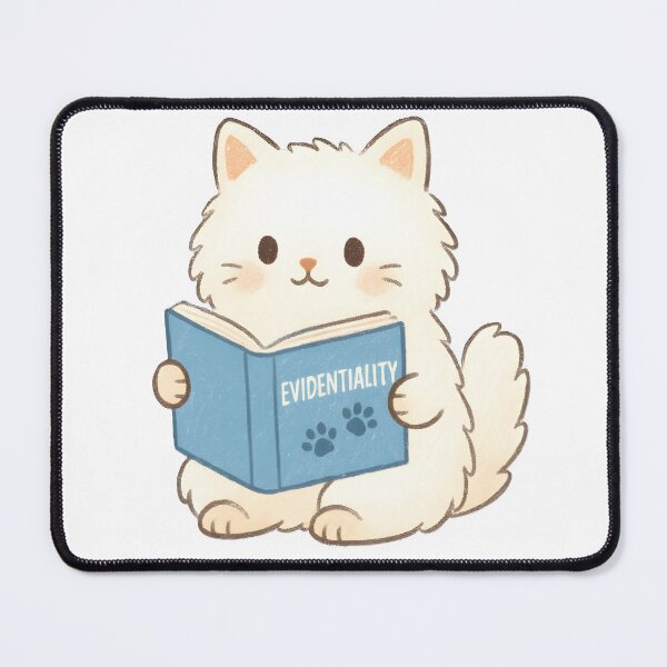 Item preview, Evidentiality Cat — Fluffy White Nerd Cat Reading Linguistics Book designed and sold by Nerd Romance Café.