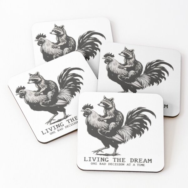 Item preview, iving the Dream – Funny Raccoon Riding Rooster Illustration designed and sold by TrendDropsMerch.