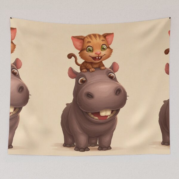 Item preview, A smiling kitten and its hippo friend posing for pictures. designed and sold by Piotrek0001.
