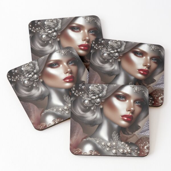 Item preview, Silver Beauty – White Hair Red Lips and Sparkling Pearl Elegance designed and sold by EmeraldeaArt.