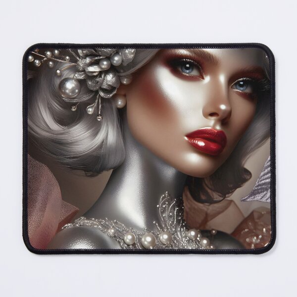 Item preview, Silver Beauty – White Hair Red Lips and Sparkling Pearl Elegance designed and sold by EmeraldeaArt.