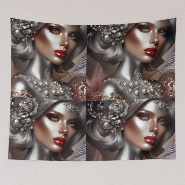Item preview, Silver Beauty – White Hair Red Lips and Sparkling Pearl Elegance designed and sold by EmeraldeaArt.