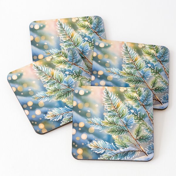 Item preview, Glowing bokeh lights surround snow-dusted pine branches in a soft, wintry scene designed and sold by homydesign.