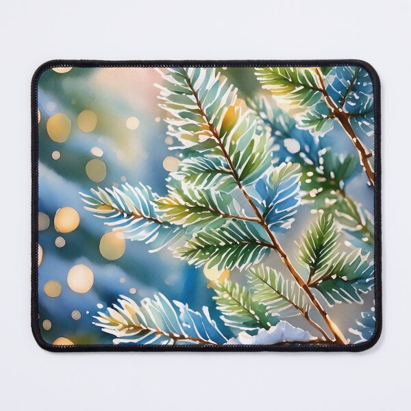 Item preview, Glowing bokeh lights surround snow-dusted pine branches in a soft, wintry scene designed and sold by homydesign.