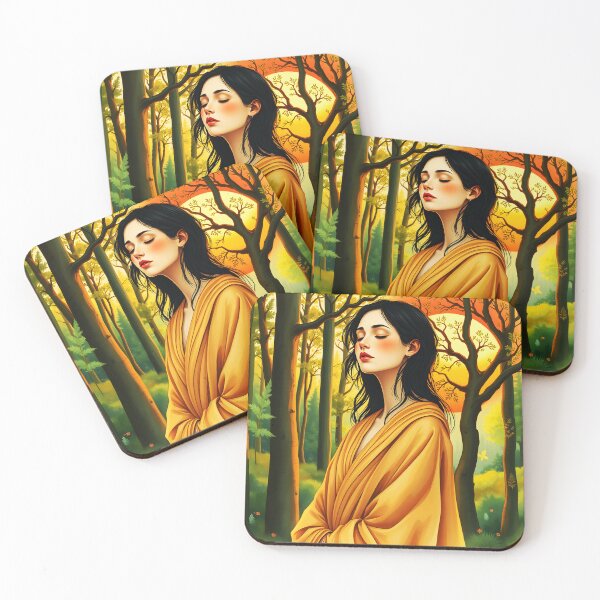 Item preview, Woman in Orange Robe – Autumn Forest Watercolor Illustration designed and sold by EmeraldeaArt.