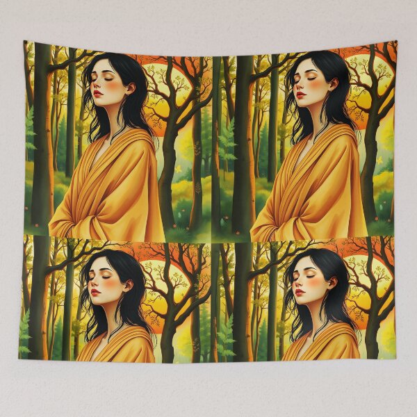 Item preview, Woman in Orange Robe – Autumn Forest Watercolor Illustration designed and sold by EmeraldeaArt.