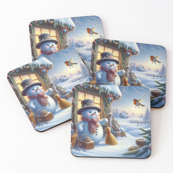 Item preview, A jolly snowman with top hat and broom greets a robin outside a cozy snow-covered cottage on a moonlit Christmas Eve designed and sold by homydesign.