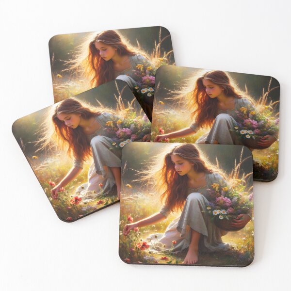 Item preview, Sunlit Wildflower Picking Girl Illustration designed and sold by EmeraldeaArt.