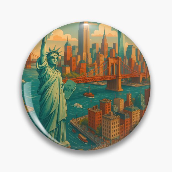 Item preview, URBAN RETRO DREAMS - New York Skyline - Statue of Liberty in vintage travel style designed and sold by Earth Celebration Designs.