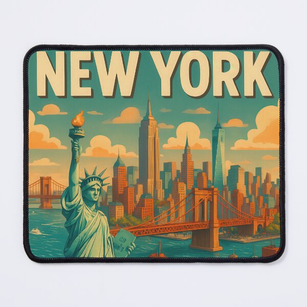 Item preview, URBAN RETRO DREAMS - New York Skyline - Statue of Liberty in vintage travel style designed and sold by Earth Celebration Designs.