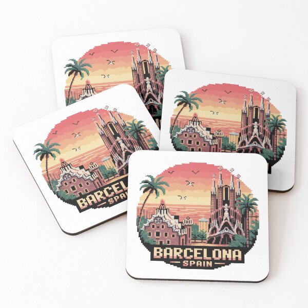 Item preview, Barcelona Spain Pixel Art Design – Retro City Sunset with Sagrada Familia and Park Güell, Vintage Travel Vibe designed and sold by CircinusStore.