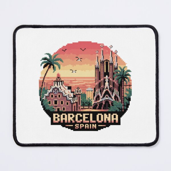 Item preview, Barcelona Spain Pixel Art Design – Retro City Sunset with Sagrada Familia and Park Güell, Vintage Travel Vibe designed and sold by CircinusStore.