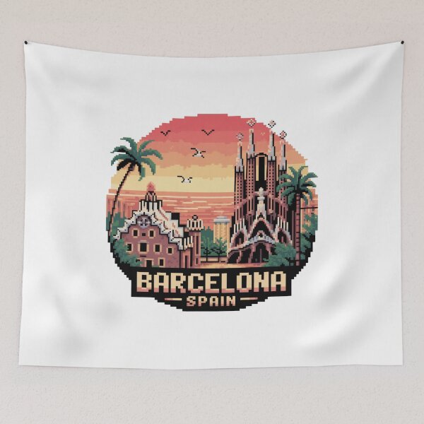 Item preview, Barcelona Spain Pixel Art Design – Retro City Sunset with Sagrada Familia and Park Güell, Vintage Travel Vibe designed and sold by CircinusStore.