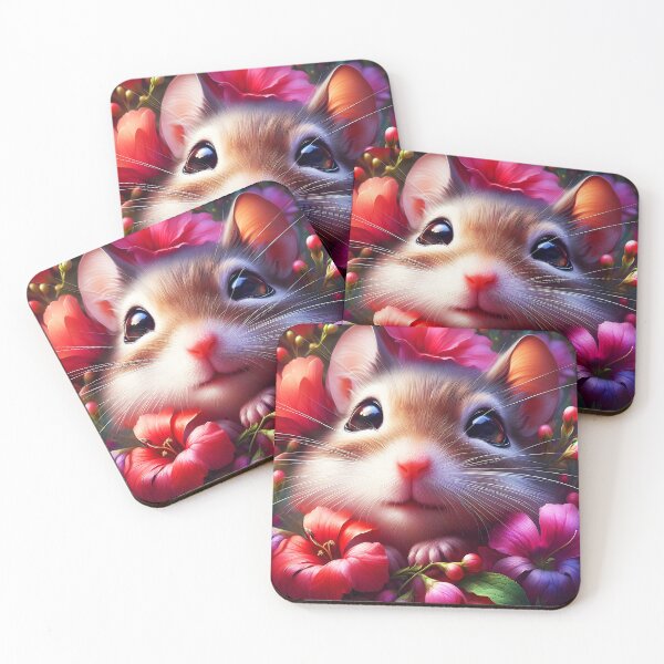 Item preview, Floral Mouse Portrait – Cute Gerbil Among Shiny Pink and Purple Flowers designed and sold by EmeraldeaArt.