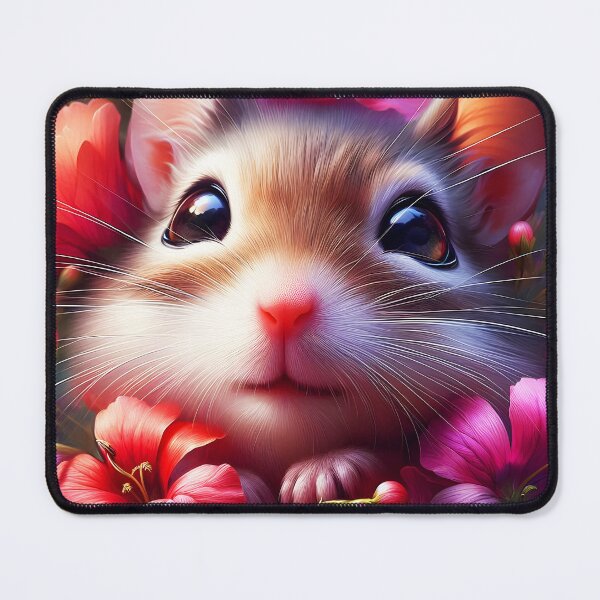 Item preview, Floral Mouse Portrait – Cute Gerbil Among Shiny Pink and Purple Flowers designed and sold by EmeraldeaArt.