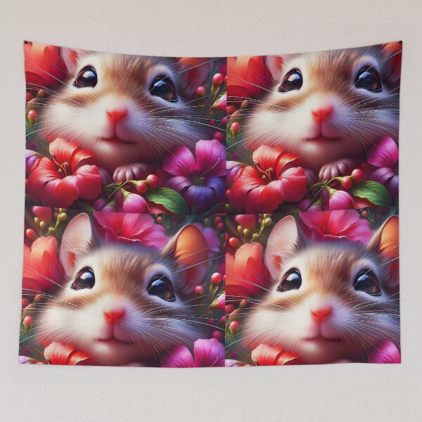 Item preview, Floral Mouse Portrait – Cute Gerbil Among Shiny Pink and Purple Flowers designed and sold by EmeraldeaArt.