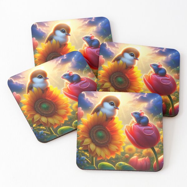 Item preview, Floral Meetup – Cute Mouse on Tulip Talking with Sparrow on Sunflower designed and sold by EmeraldeaArt.