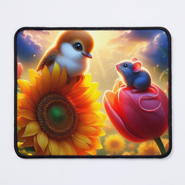 Item preview, Floral Meetup – Cute Mouse on Tulip Talking with Sparrow on Sunflower designed and sold by EmeraldeaArt.